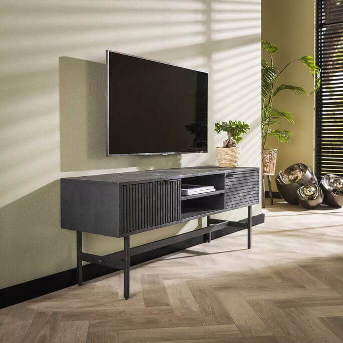 Meuble TV industriel 140 cm en bois de manguier massif noir